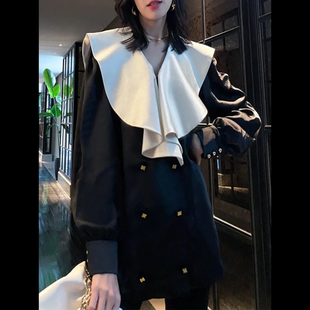 EENK Black Blouse with sailor Statement Cream Collar